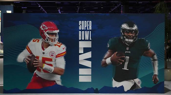 Feb 9, 2023; Phoenix, AZ, USA; A graphic featuring Kansas City Chiefs quarterback Patrick Mahomes and Philadelphia Eagles quarterback Jalen Hurts at the Super Bowl LVII Experience at the Phoenix Convention Center.